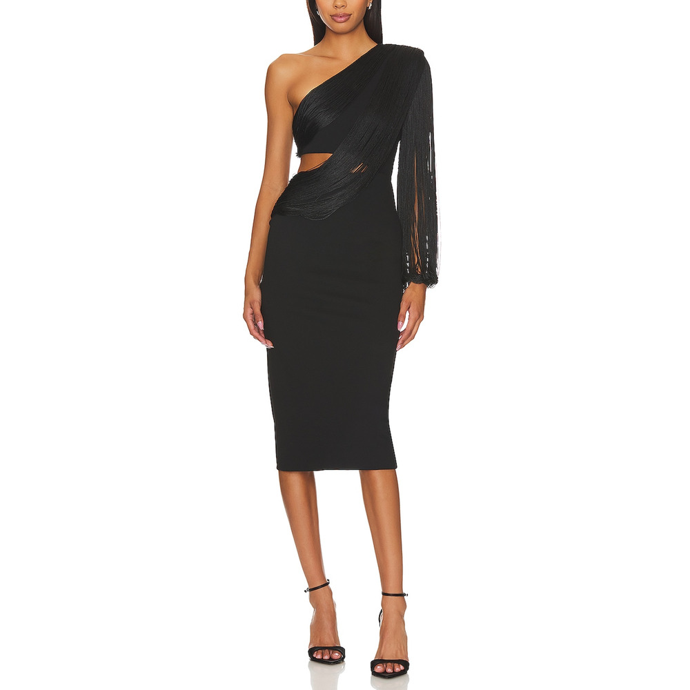 Nbd 'Joona' Black Padded One Shoulder With Fringe Midi Dress Size XS